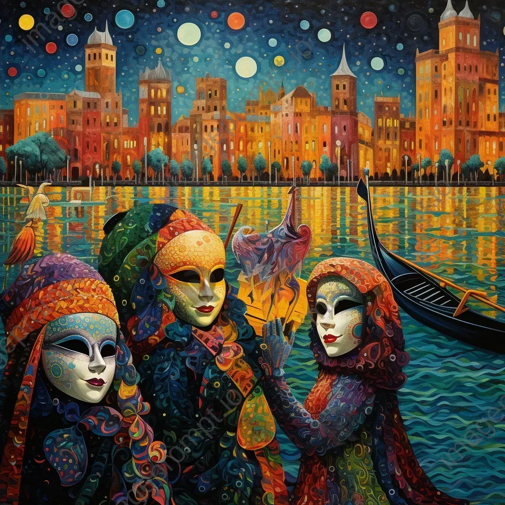 Pointillism depiction of a vibrant Venetian carnival with colorful masks and gondolas - Image 4