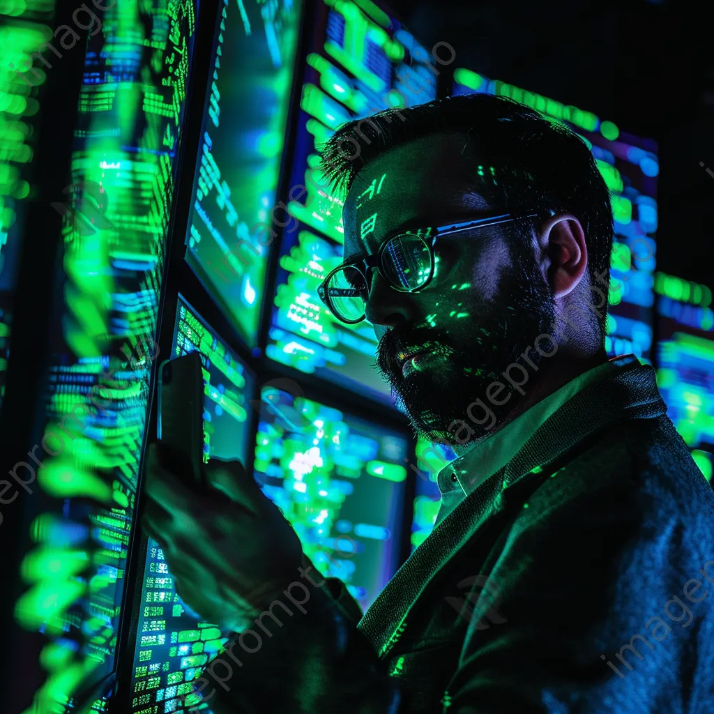 Data analyst reviewing cybersecurity statistics on multiple screens in a dark room - Image 2