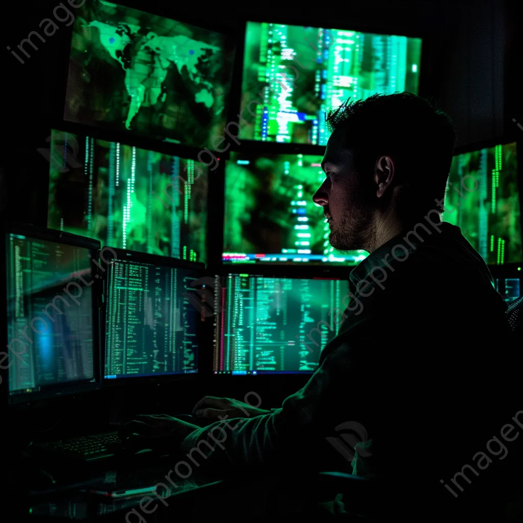 Data analyst reviewing cybersecurity statistics on multiple screens in a dark room - Image 3