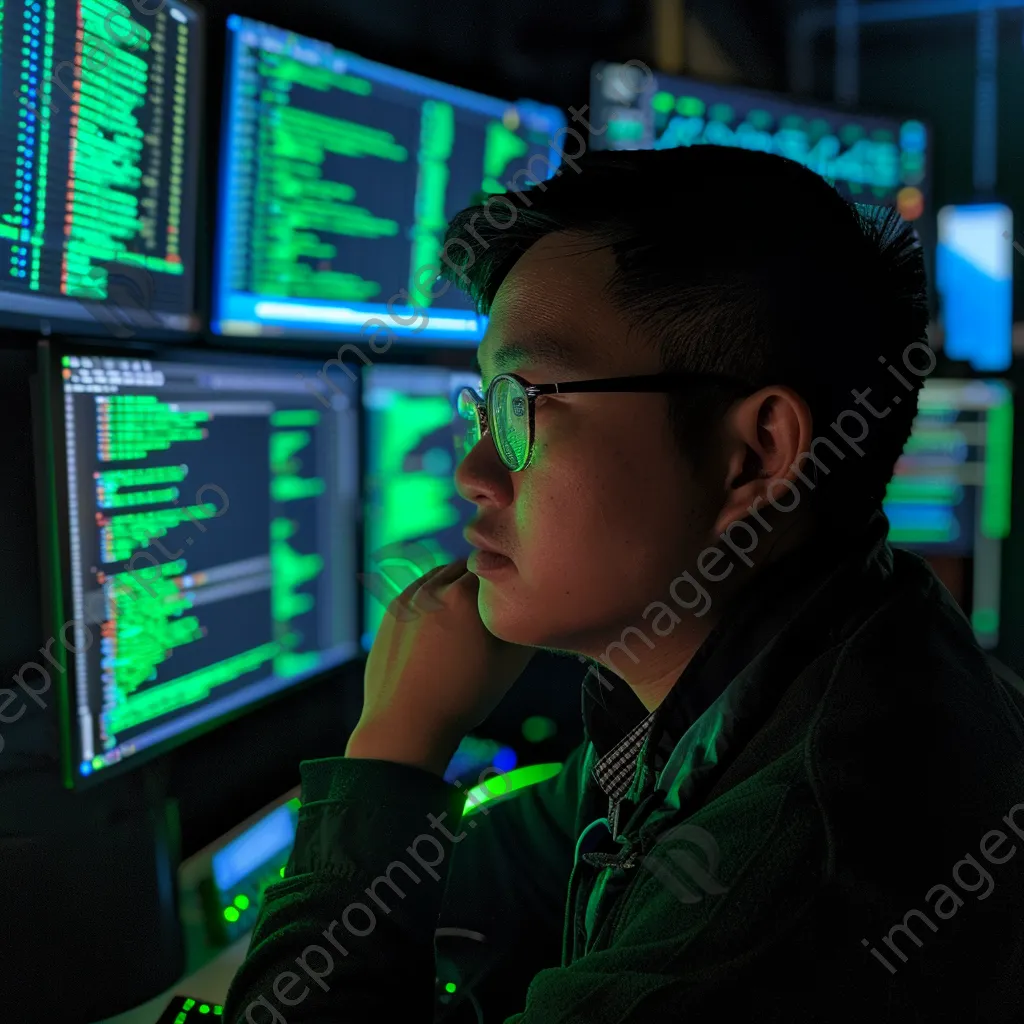 Data analyst reviewing cybersecurity statistics on multiple screens in a dark room - Image 4