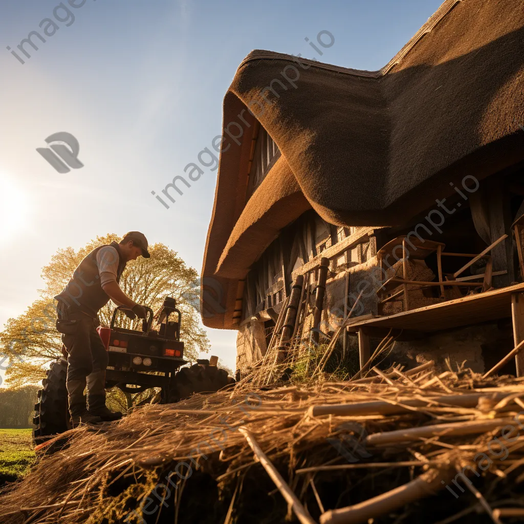 Farmer thatching a historical barn with tools and wildlife - Image 1