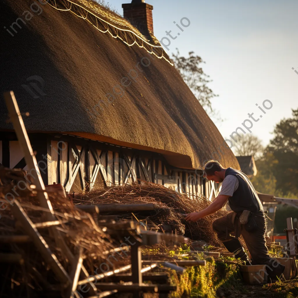 Farmer thatching a historical barn with tools and wildlife - Image 2