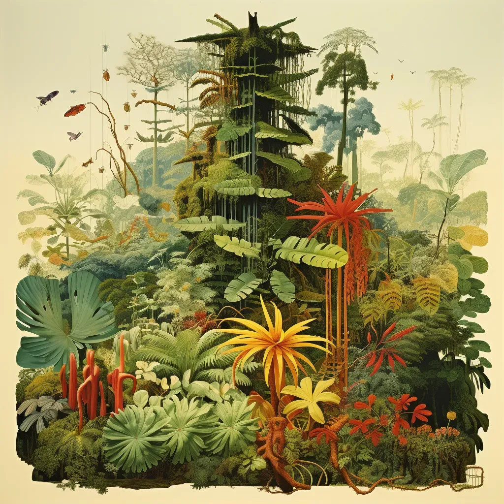 Illustration of rainforest ecosystem with diverse plant and animal species - Image 1