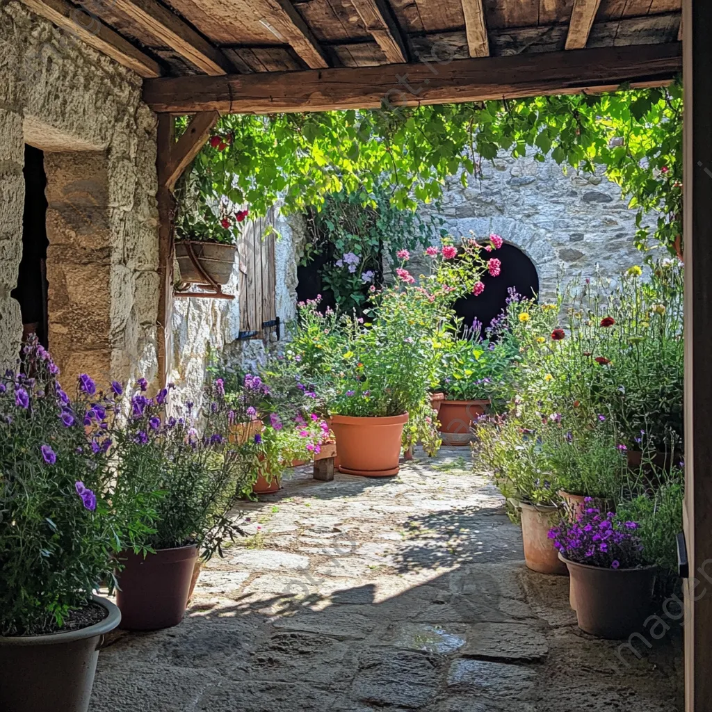 Patio decorated with herbs and root cellar in background. - Image 1