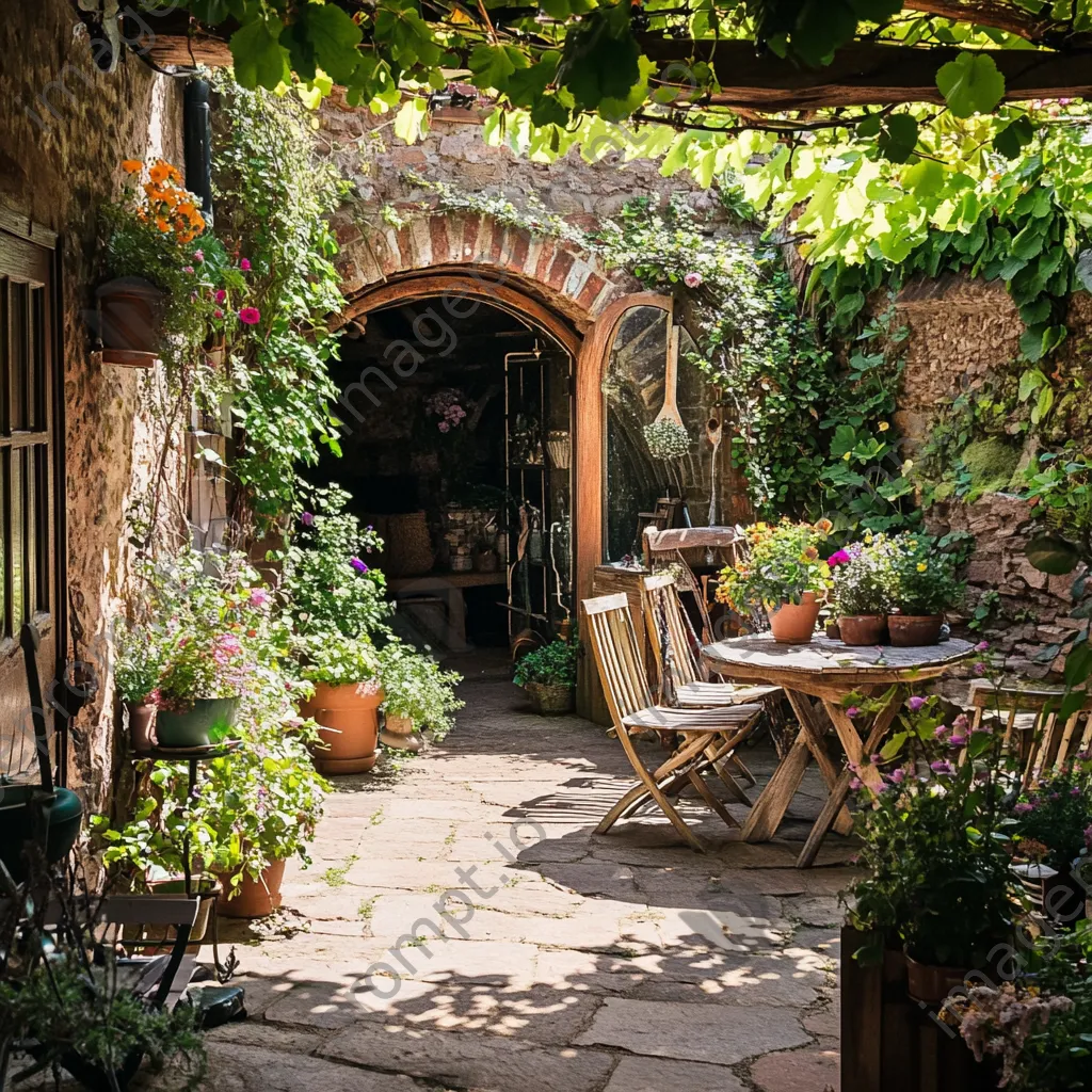 Patio decorated with herbs and root cellar in background. - Image 2