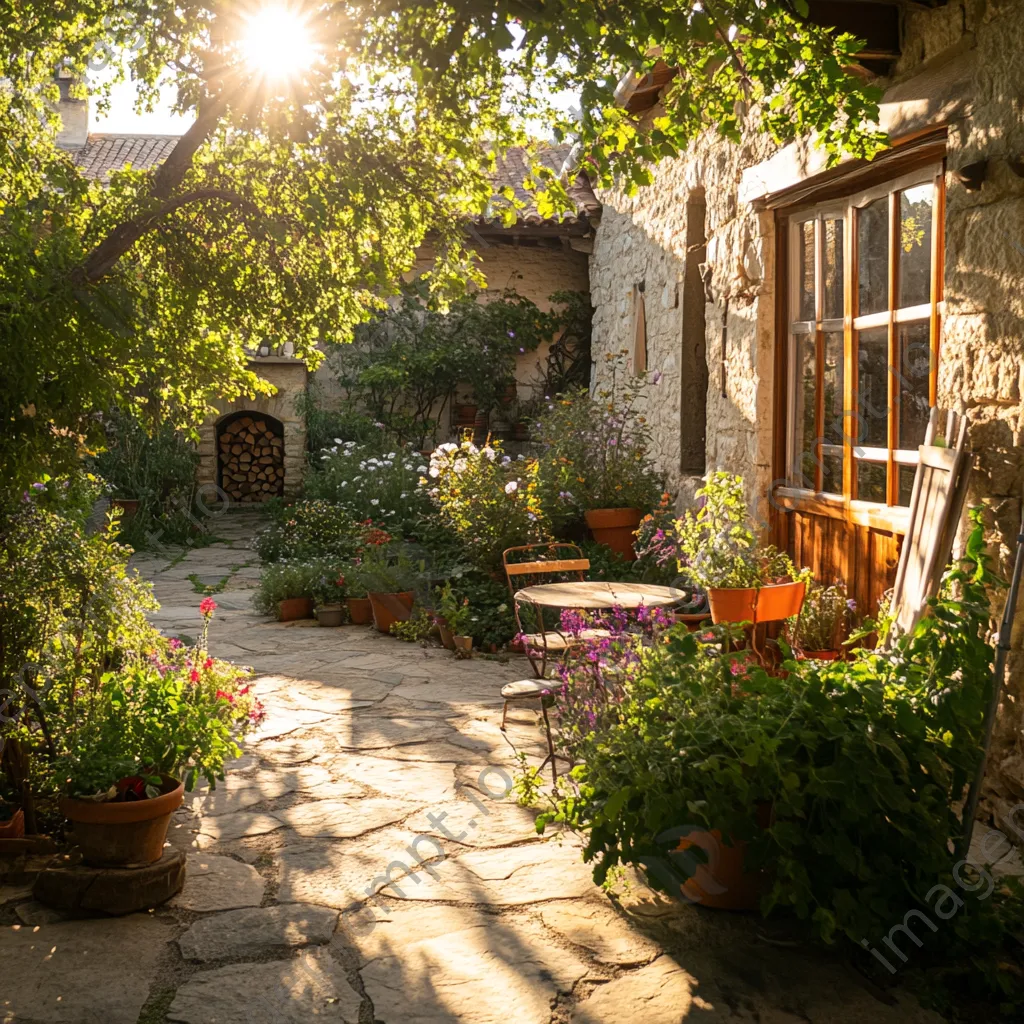 Patio decorated with herbs and root cellar in background. - Image 3