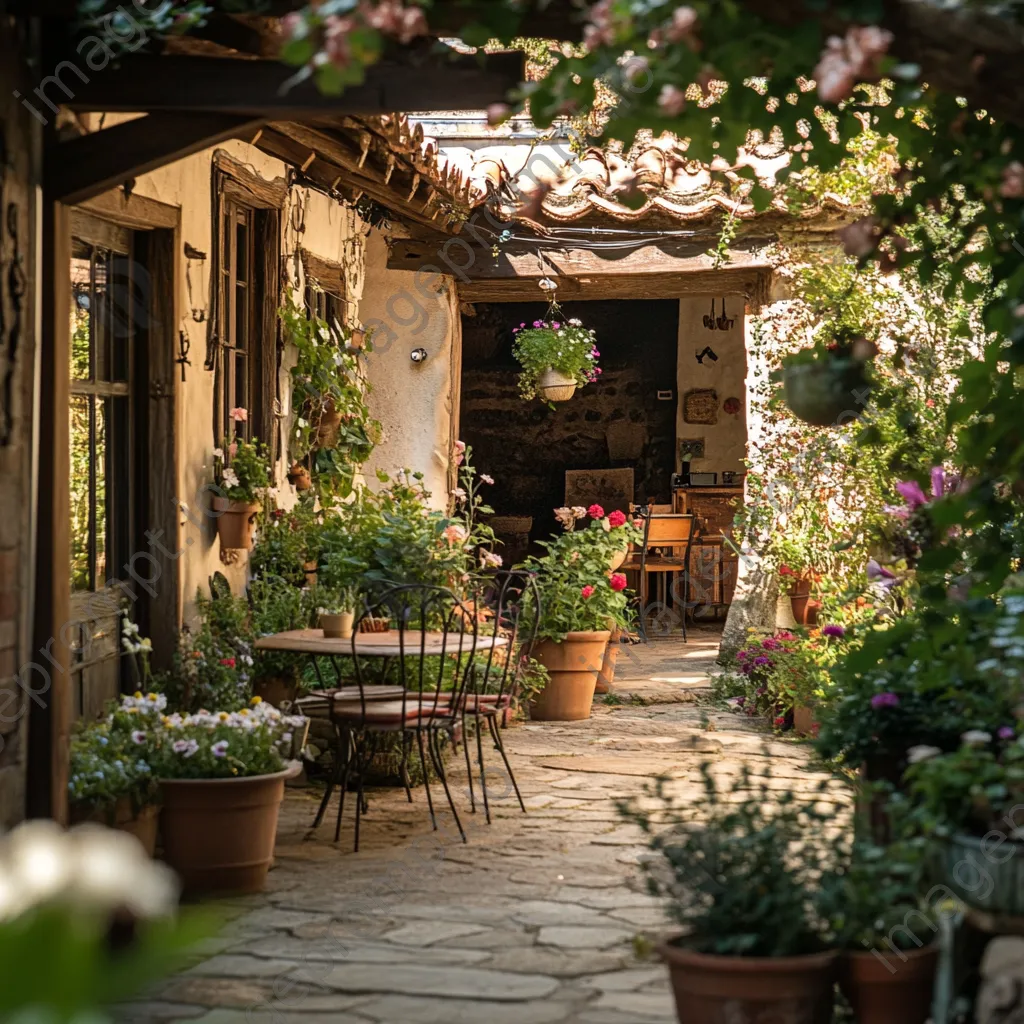 Patio decorated with herbs and root cellar in background. - Image 4