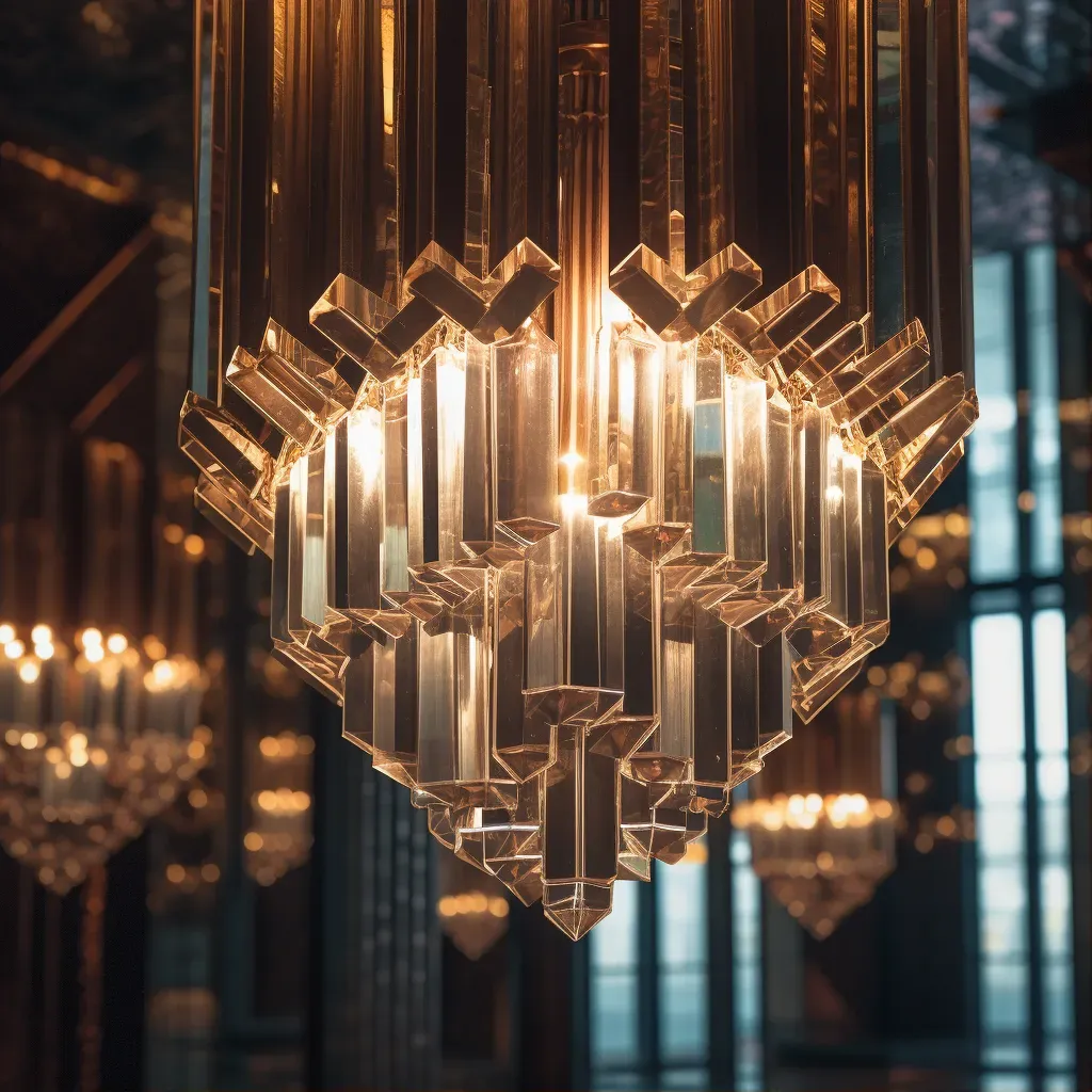 Crystal chandelier with geometric shapes reflecting ambient light - Image 1