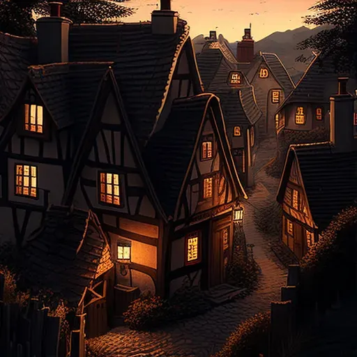 Twilight village with warm lights in AI-generated image - Image 1