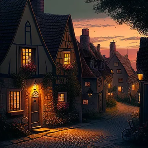 Twilight village with warm lights in AI-generated image - Image 2