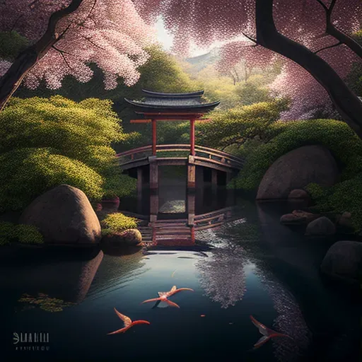 Image of a tranquil Zen garden with a koi pond, a stone bridge, and cherry blossom trees - Image 1