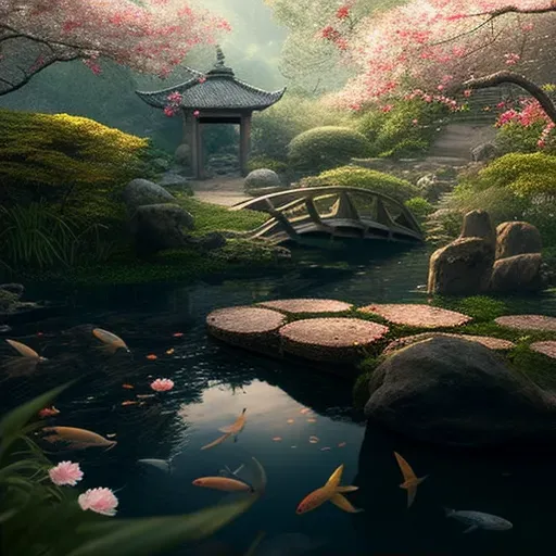 Image of a tranquil Zen garden with a koi pond, a stone bridge, and cherry blossom trees - Image 2