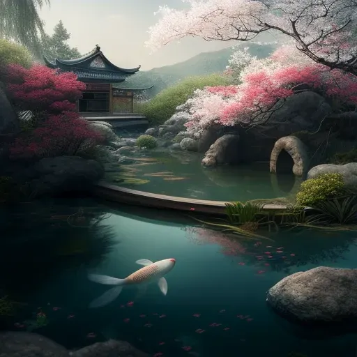 Image of a tranquil Zen garden with a koi pond, a stone bridge, and cherry blossom trees - Image 3