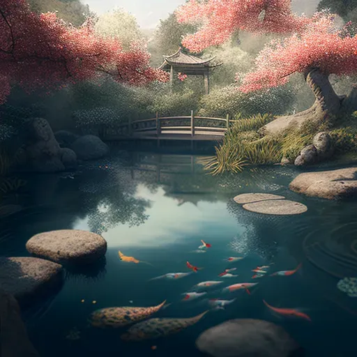 Image of a tranquil Zen garden with a koi pond, a stone bridge, and cherry blossom trees - Image 4