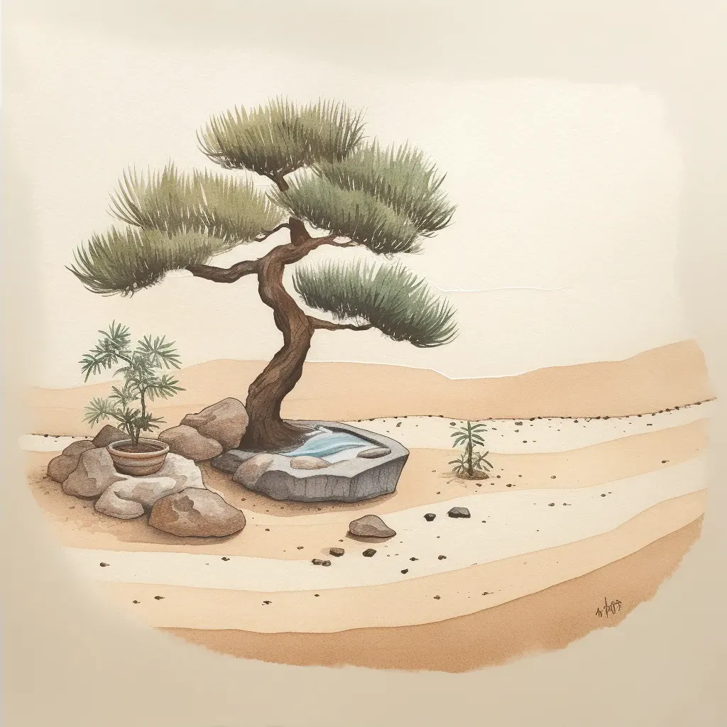 Zen garden with raked sand, rocks, and a bonsai tree - Image 2