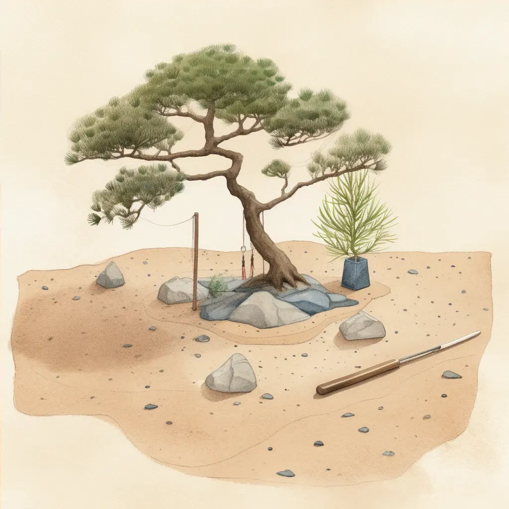 Zen garden with raked sand, rocks, and a bonsai tree - Image 4