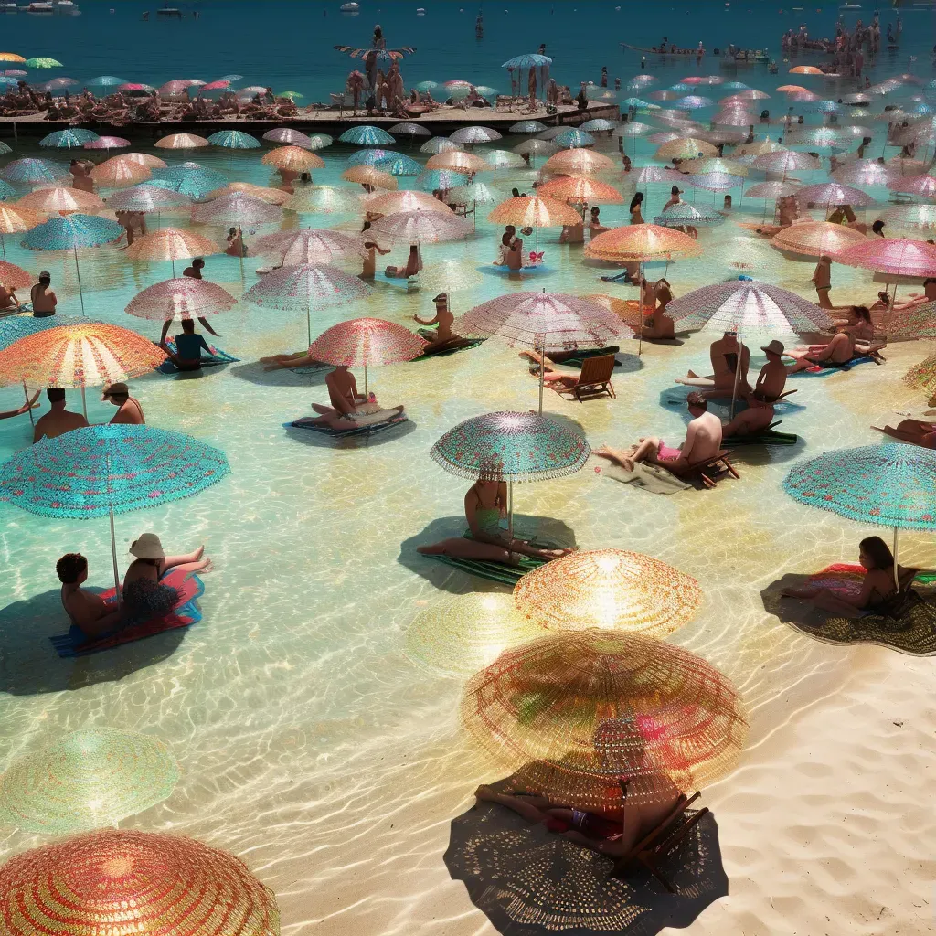 Retro beach scene with floating umbrellas and levitating sunbathers - Image 3