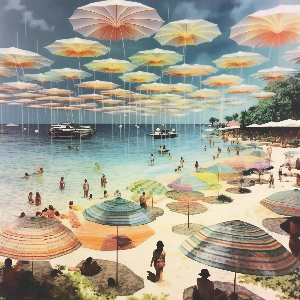 Retro Beach Scene with Floating Umbrellas and Levitating Sunbathers