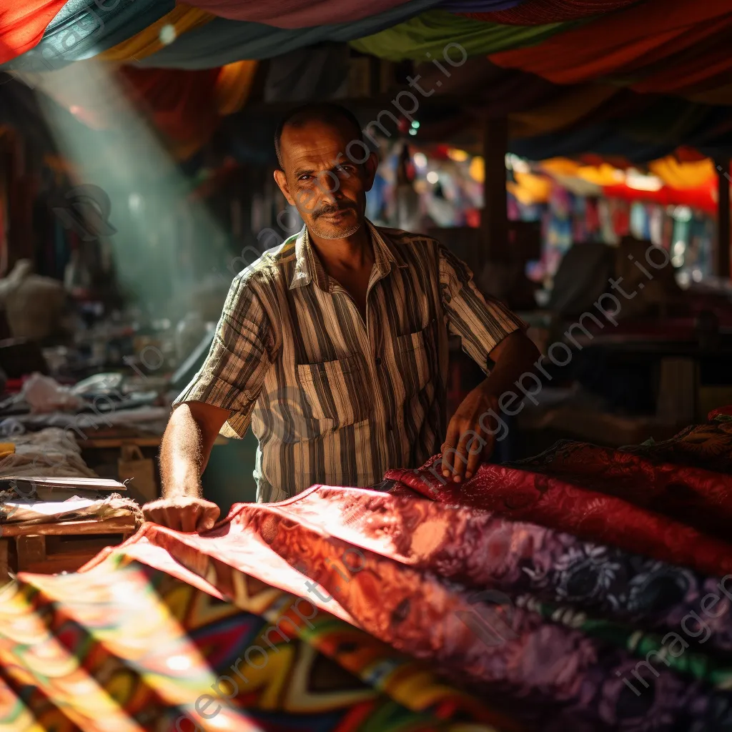 Vendor showing local handicrafts in a busy bazaar with sunlight streaming through colorful awnings. - Image 1