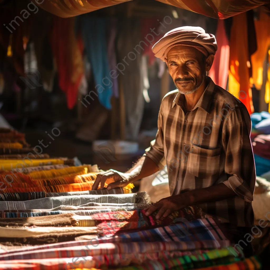 Vendor showing local handicrafts in a busy bazaar with sunlight streaming through colorful awnings. - Image 2