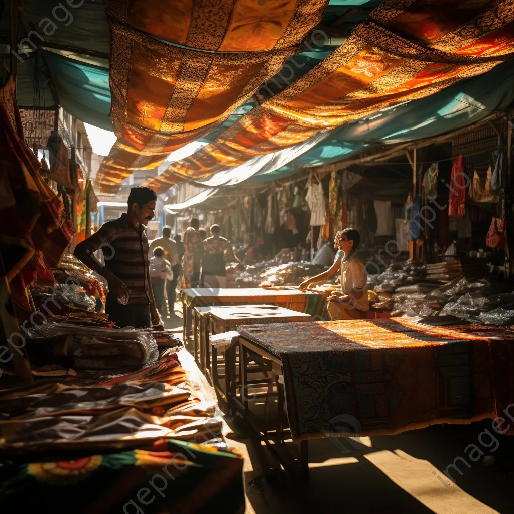 Vendor showing local handicrafts in a busy bazaar with sunlight streaming through colorful awnings. - Image 3