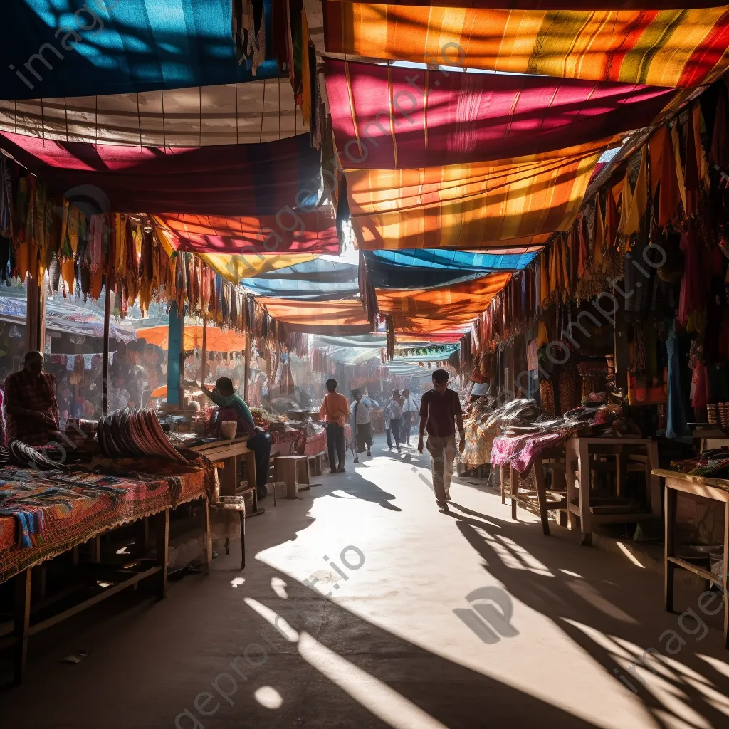 Vendor showing local handicrafts in a busy bazaar with sunlight streaming through colorful awnings. - Image 4