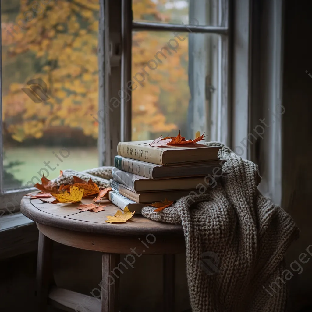 Wooden table with books, blanket, and autumn leaves in natural light - Image 2