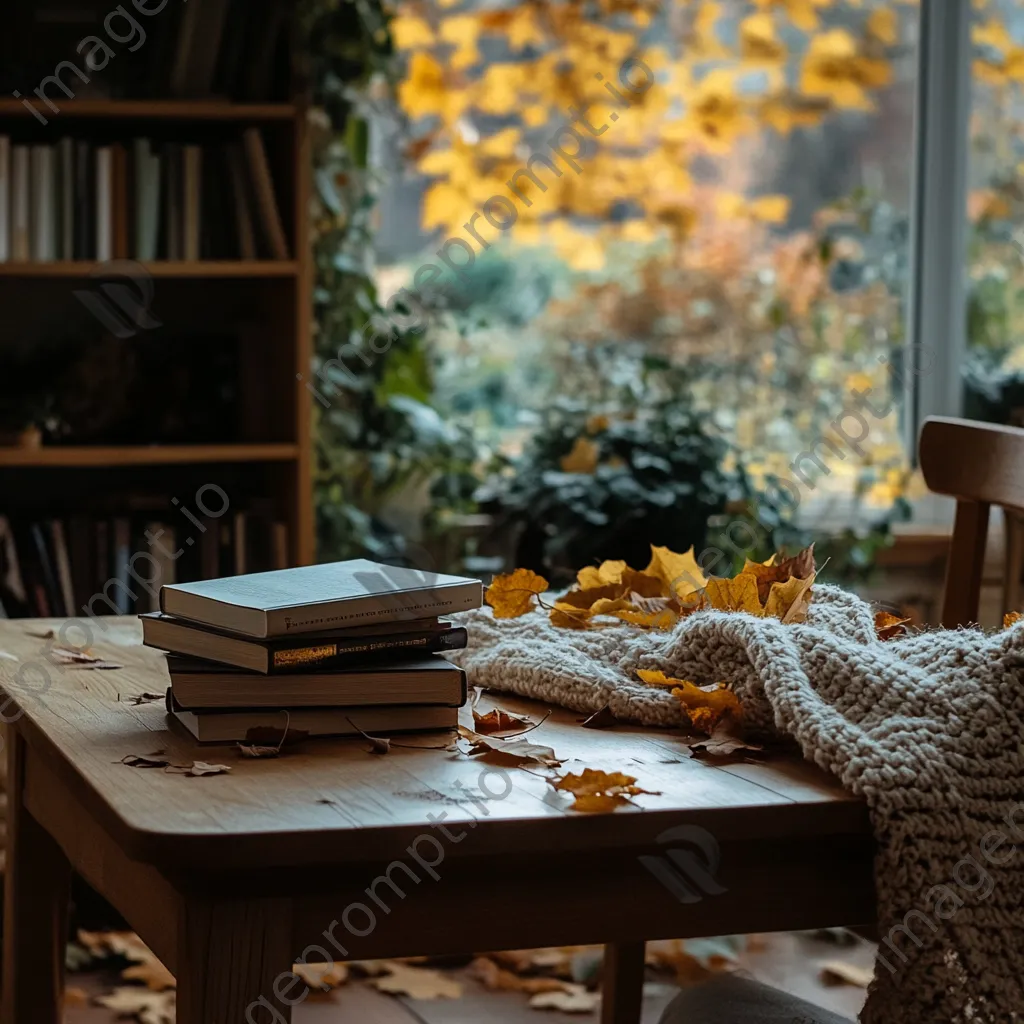 Wooden table with books, blanket, and autumn leaves in natural light - Image 3