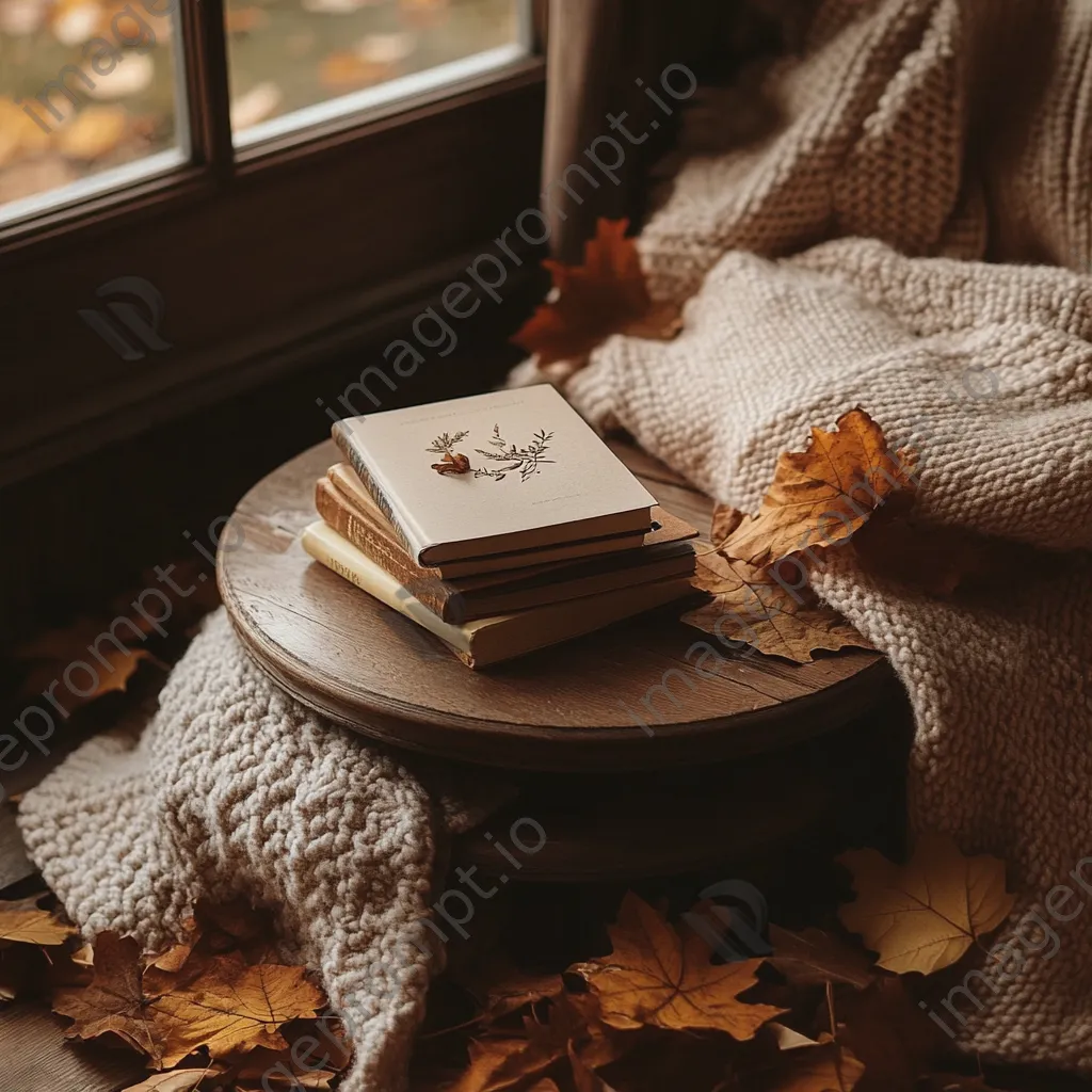 Wooden table with books, blanket, and autumn leaves in natural light - Image 4