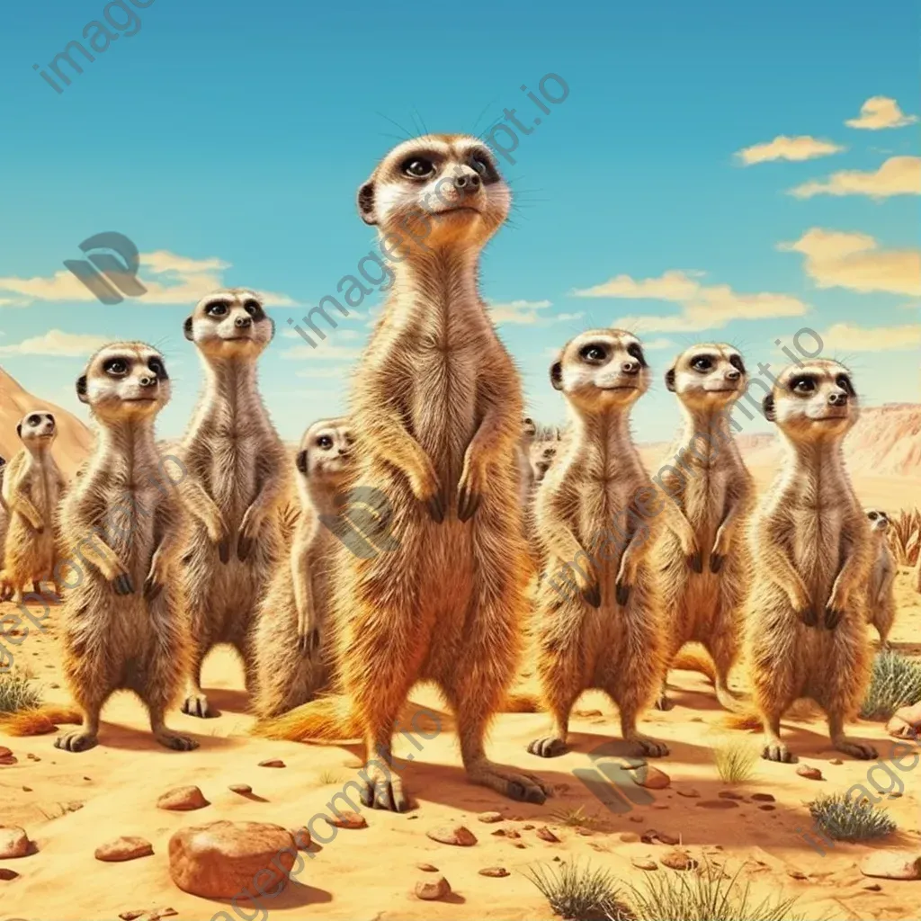 Group of meerkats standing alert in desert - Image 1