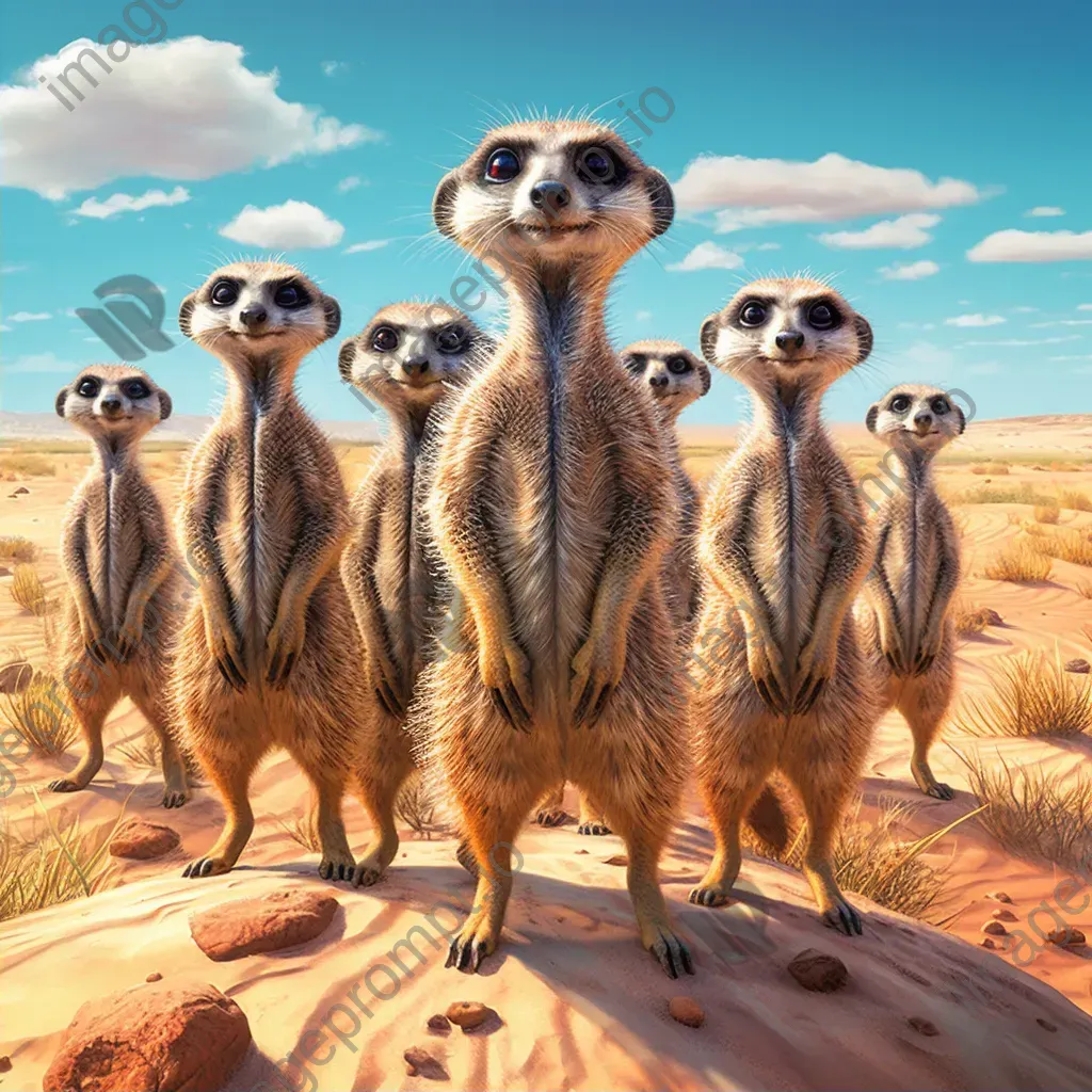 Group of meerkats standing alert in desert - Image 2