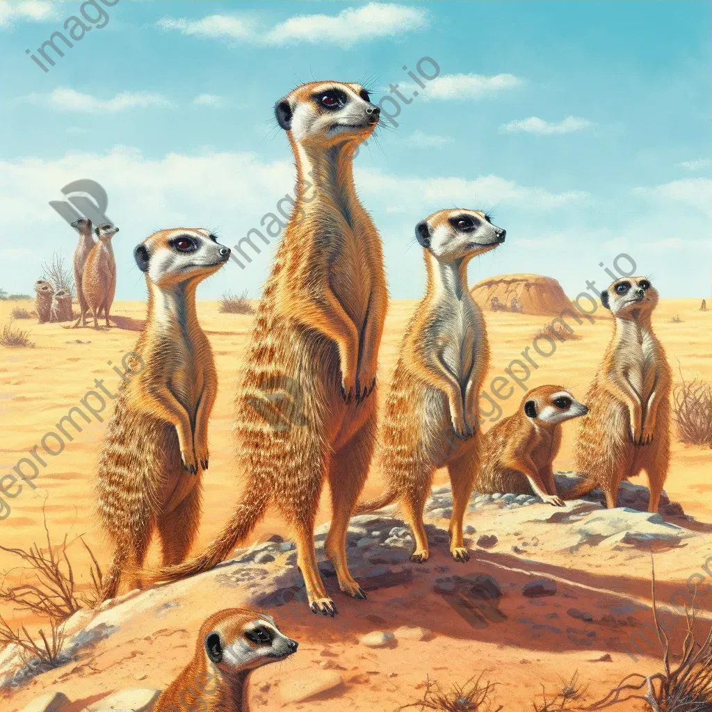 Group of meerkats standing alert in desert - Image 3