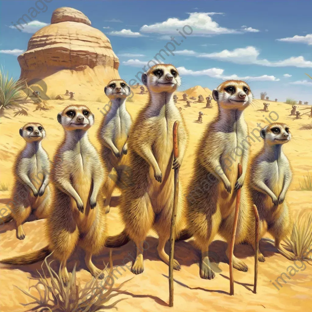 Group of meerkats standing alert in desert - Image 4