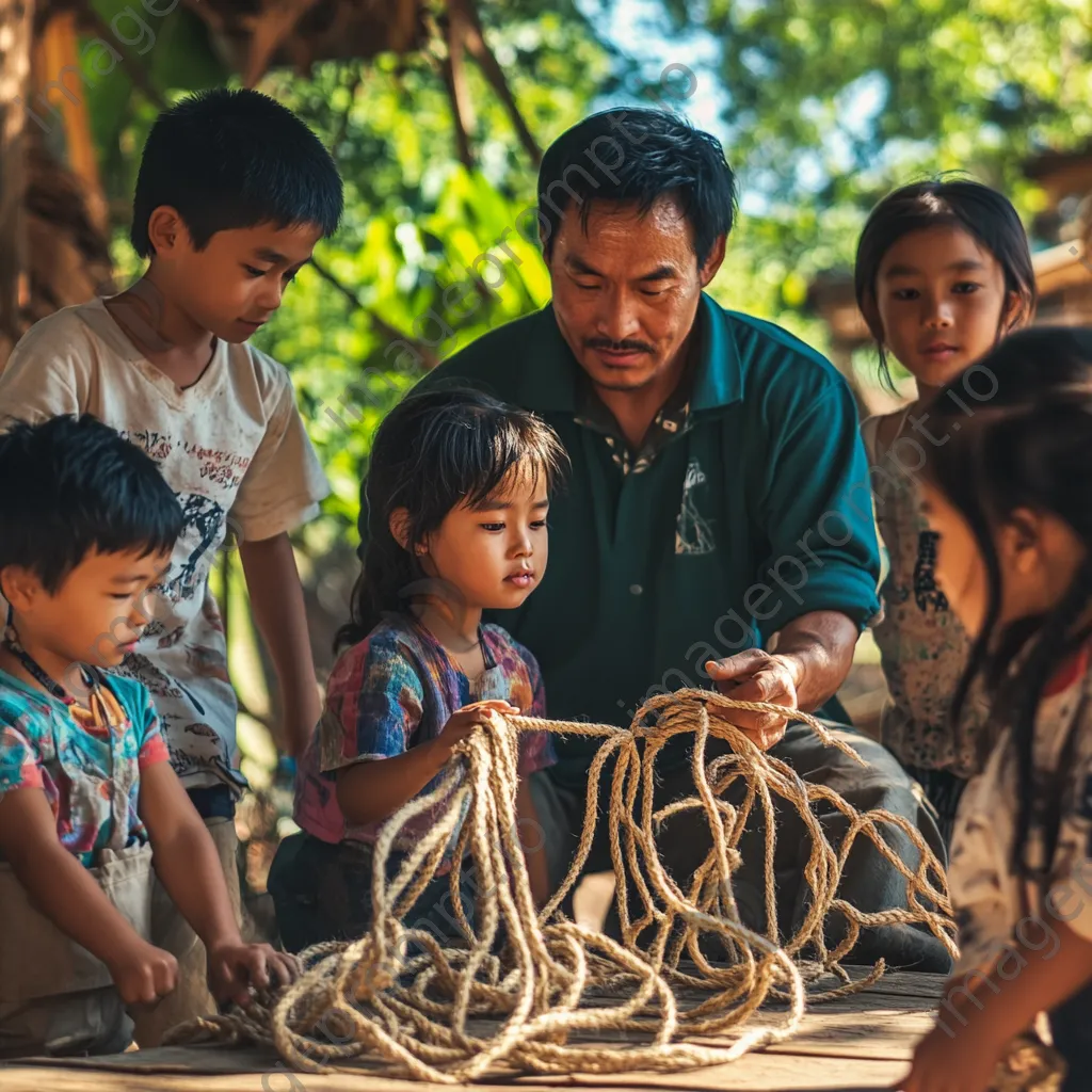 Rope maker teaching children traditional methods outdoors - Image 1