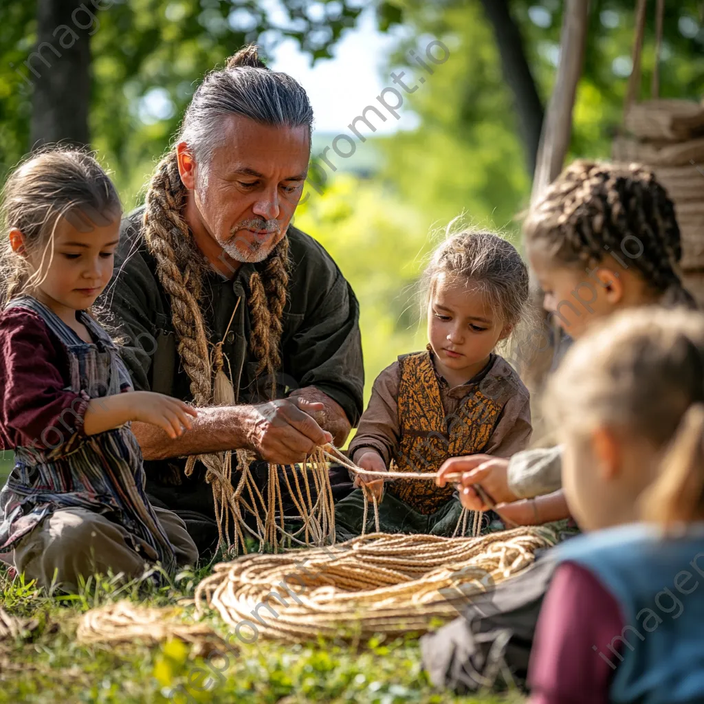 Rope maker teaching children traditional methods outdoors - Image 2