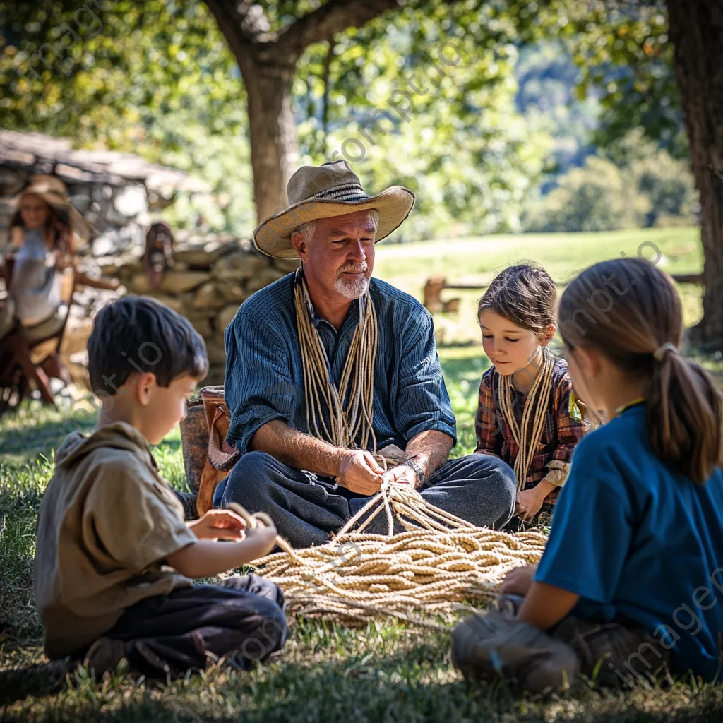 Rope maker teaching children traditional methods outdoors - Image 3