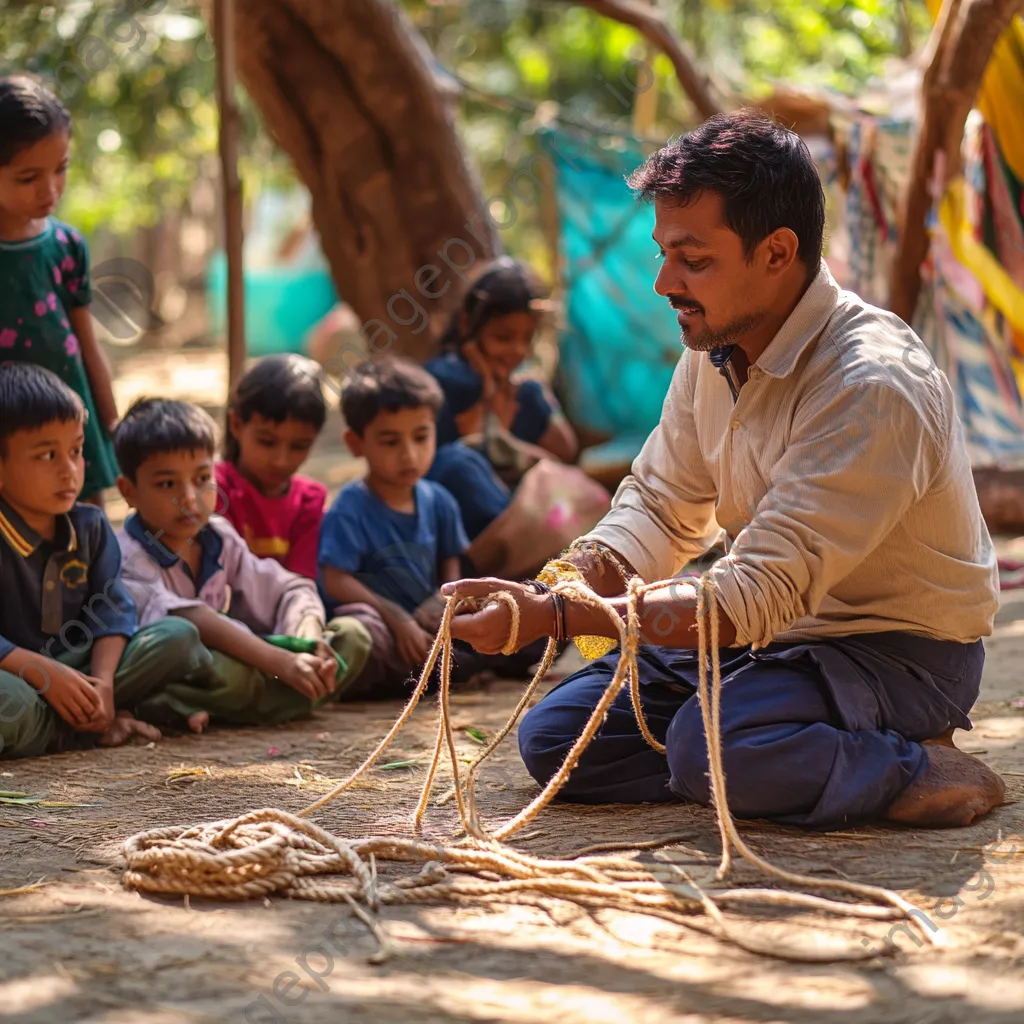 Rope maker teaching children traditional methods outdoors - Image 4