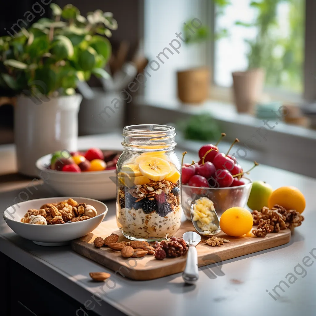 Jar of overnight oats topped with nuts and fruits - Image 1