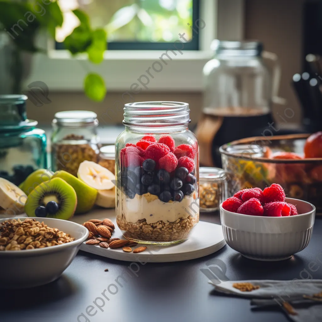 Jar of overnight oats topped with nuts and fruits - Image 2