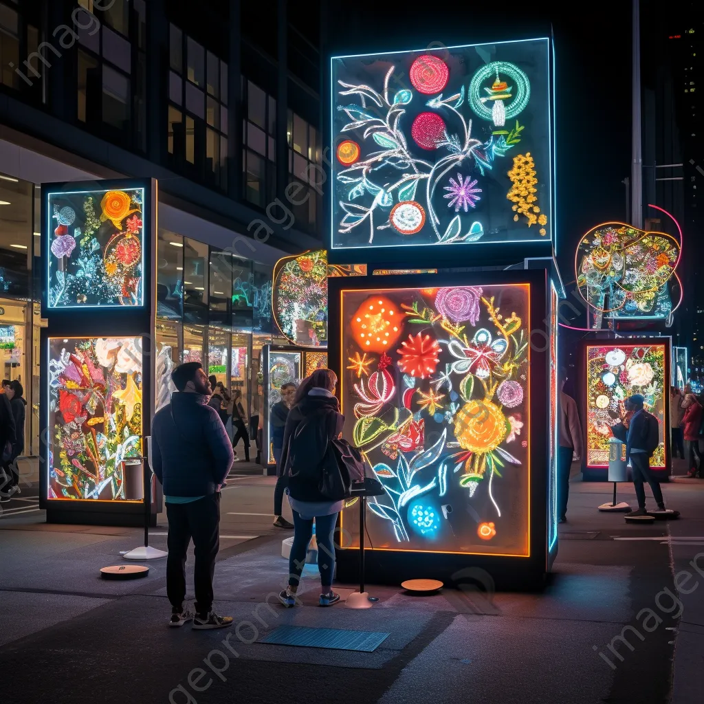 Urban street with colorful digital art installations powered by renewable energy - Image 1