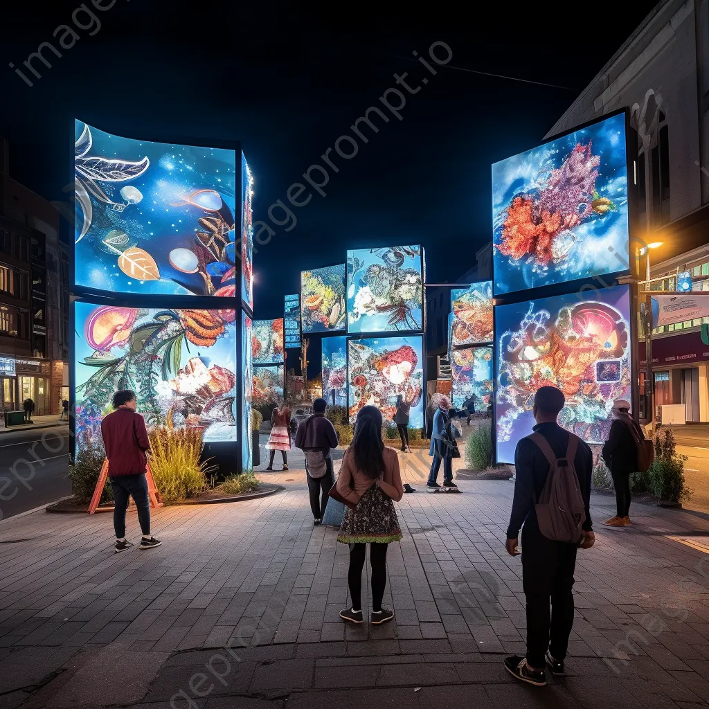 Urban street with colorful digital art installations powered by renewable energy - Image 2