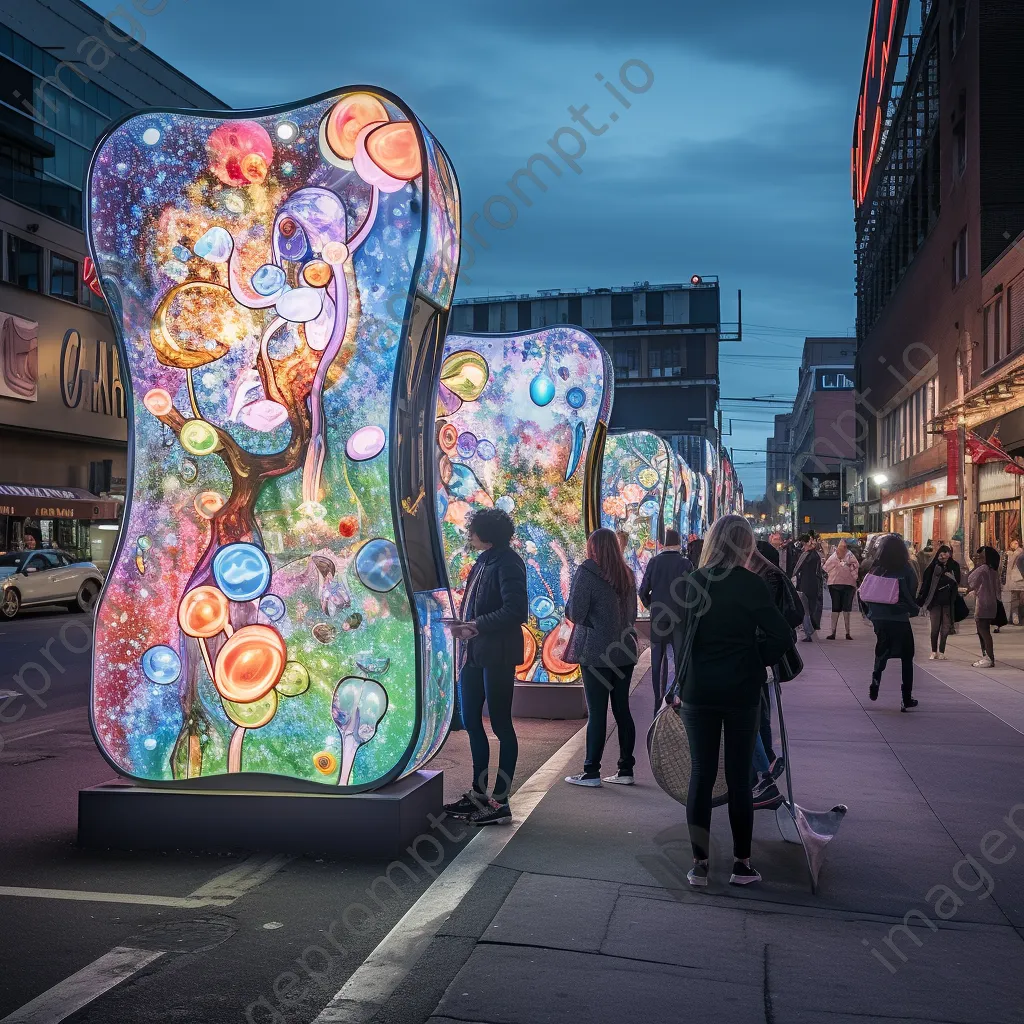 Urban street with colorful digital art installations powered by renewable energy - Image 3