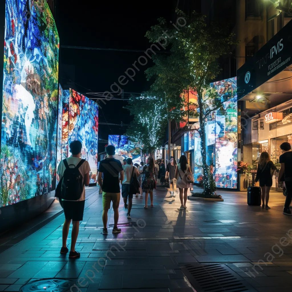 Urban street with colorful digital art installations powered by renewable energy - Image 4