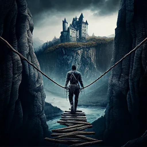 Brave knight crossing rickety rope bridge over deep chasm with haunted castle - Image 1