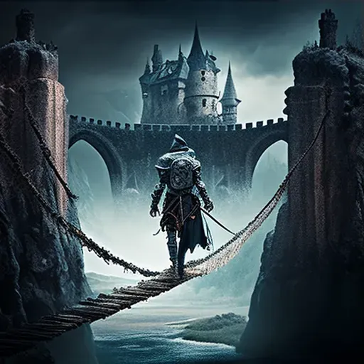 Brave knight crossing rickety rope bridge over deep chasm with haunted castle - Image 3