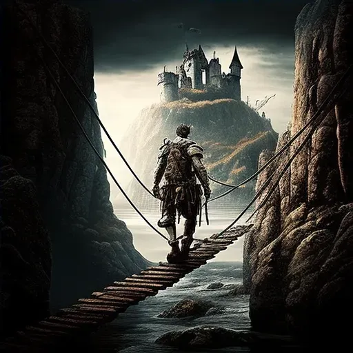 Brave knight crossing rickety rope bridge over deep chasm with haunted castle - Image 4