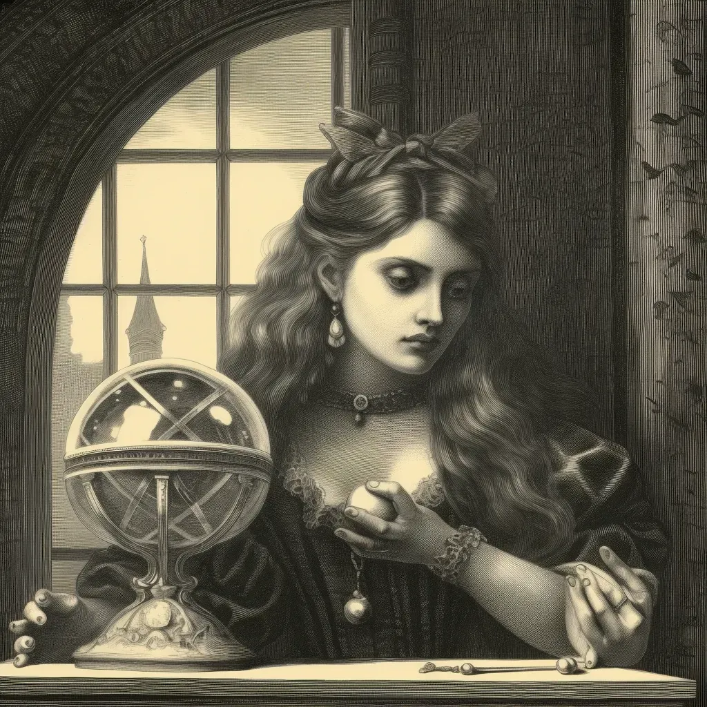 Woman gazing at crystal ball with ancient symbols in image prompt - Image 1