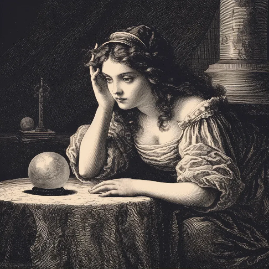 Woman gazing at crystal ball with ancient symbols in image prompt - Image 2