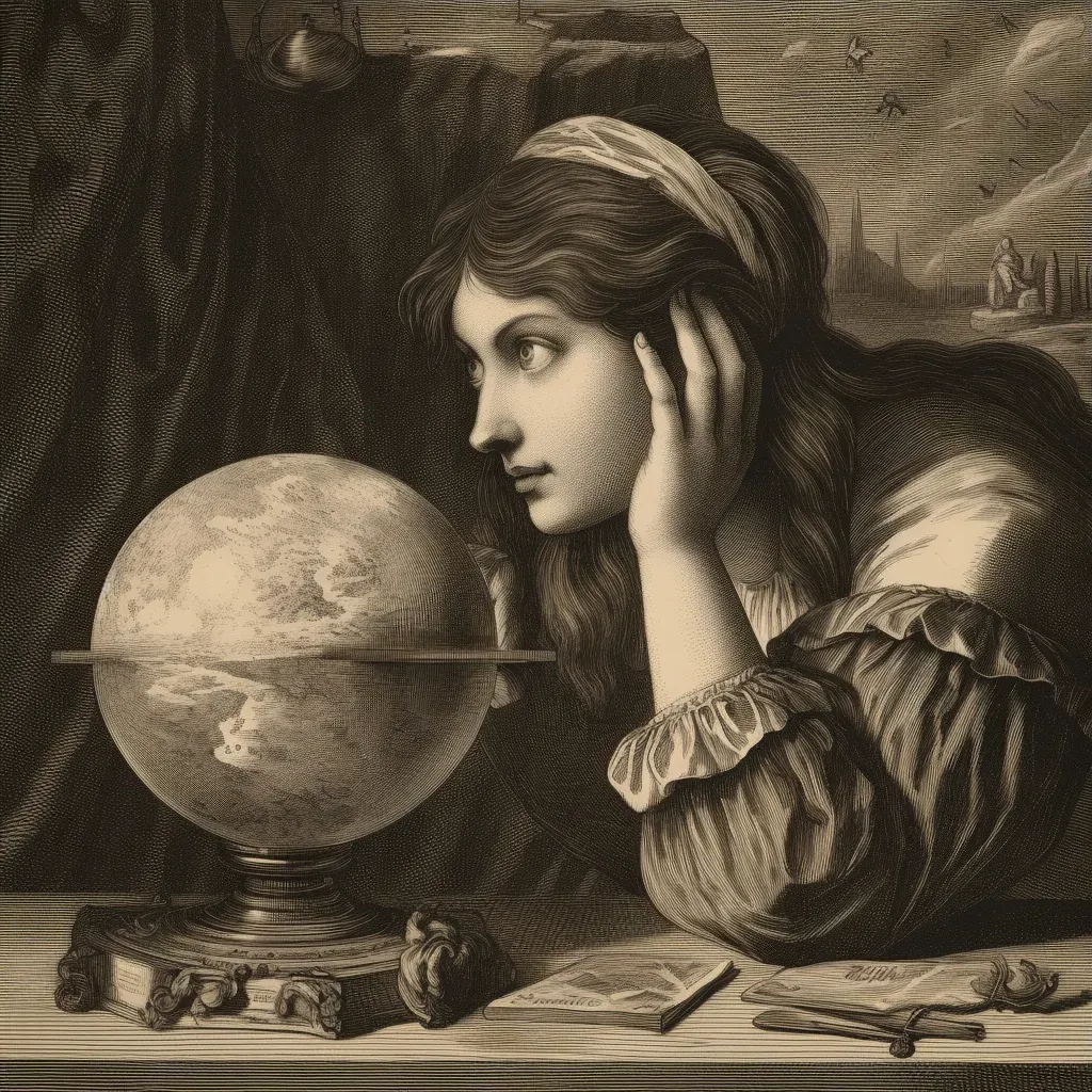 Woman gazing at crystal ball with ancient symbols in image prompt - Image 3