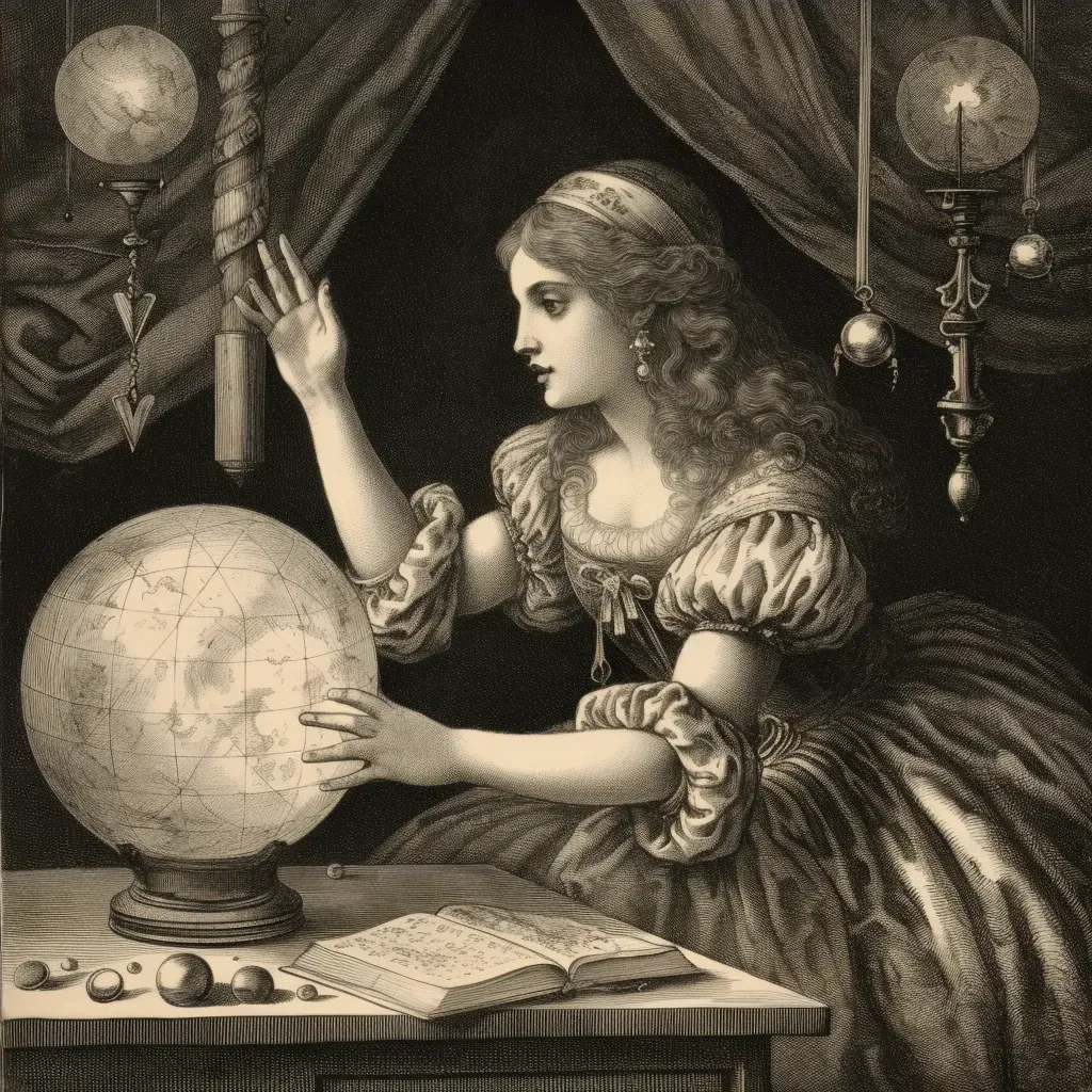 Woman gazing at crystal ball with ancient symbols in image prompt - Image 4